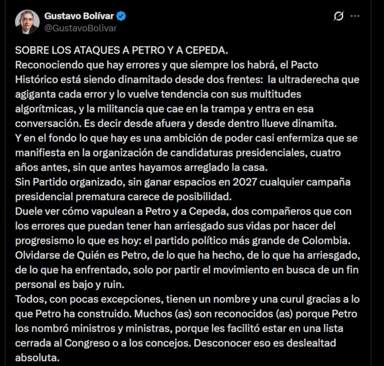 Gustavo Bolívar, exsenador y exdirector del DPS, se pronunció en su cuenta oficial de X tras las recientes tensiones en el Pacto Histórico - crédito @GustavoBolivar/X