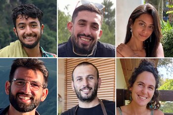 Hersh Goldberg-Polin, Ori Danino, Eden Yerushalmi, Almog Sarusi, Alexander Lobanov y Carmel Gat, los rehenes israelíes asesinados por Hamas (The Hostages Families Forum via AP)