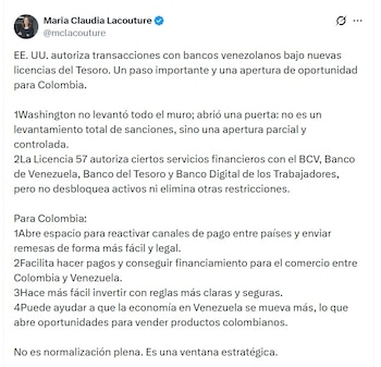 María Claudia Lacouture, presidenta ejecutiva de AmCham Colombia, anotó que es un paso importante y una apertura de oportunidad para Colombia - crédito @McLacouture/X