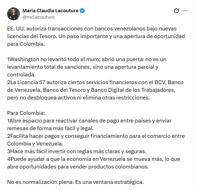 María Claudia Lacouture, presidenta ejecutiva de AmCham Colombia, anotó que es un paso importante y una apertura de oportunidad para Colombia - crédito @McLacouture/X
