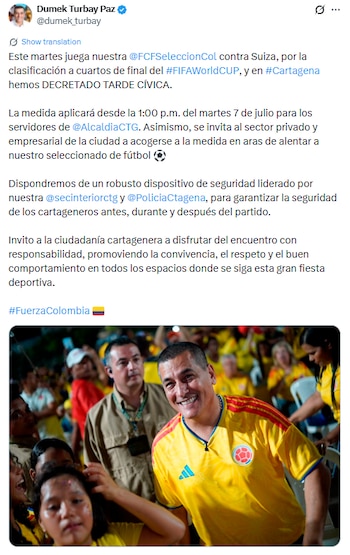 El alcalde de Cartagena decretó que la tarde del 7 de julio es cívica para ver el partido Colombia vs. Suiza - crédito @dumek_turbay / X