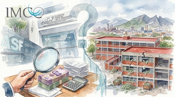 Ilustración acuarela: Edificio IMCO/ASF, lupa sobre dinero y calculadora, edificios universitarios ruinosos con billetes. Un signo de interrogación se alza al centro.