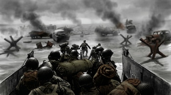 Ilustración dramática de soldados aliados saliendo de una lancha de desembarco y avanzando en una playa; se ven obstáculos metálicos y vehículos destruidos humeantes.