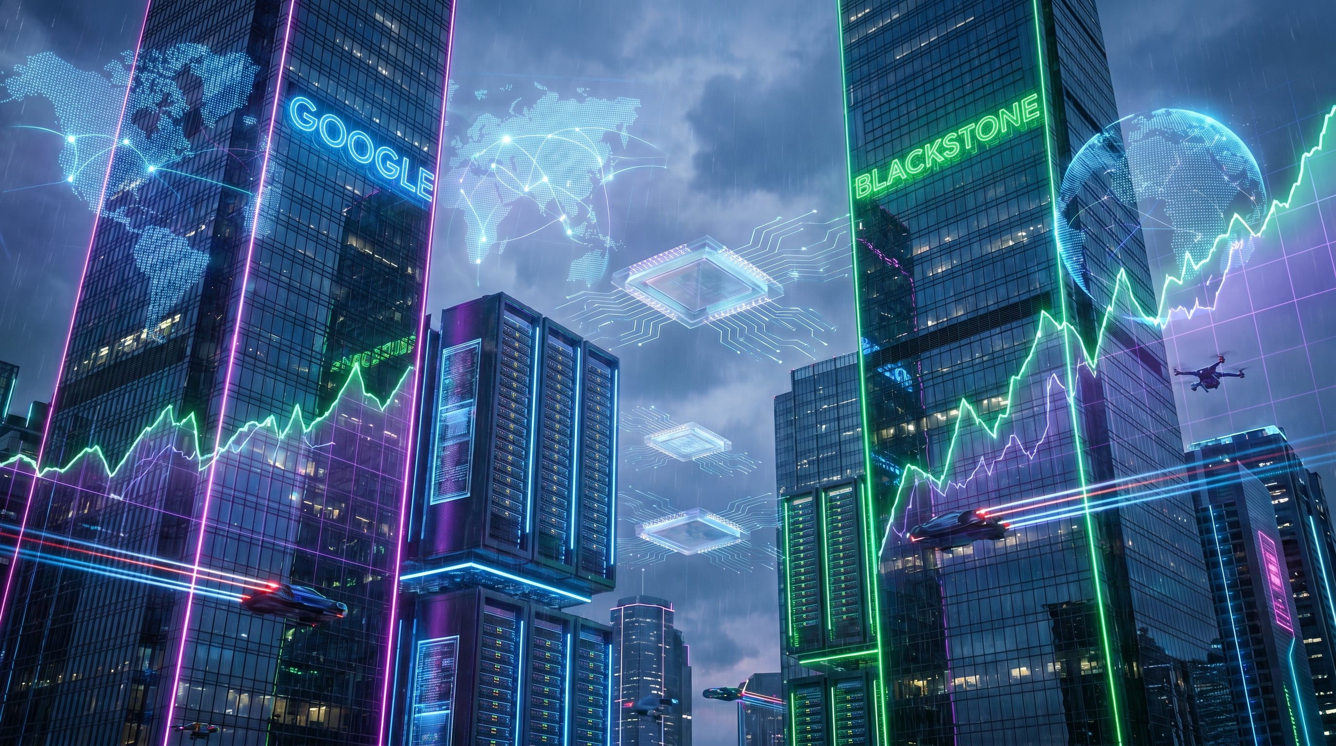 Una escena tecnológica futurista muestra a Google y Blackstone compitiendo en el mercado de infraestructura de IA, con rascacielos iluminados por neón, centros de datos, chips avanzados y gráficos financieros ascendentes. (Imagen Ilustrativa Infobae)