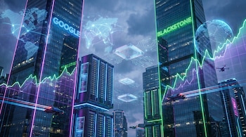 Edificios de Google y Blackstone en un paisaje urbano futurista con luces neón, chips flotantes, centros de datos, un mapa global y gráficos financieros ascendentes.