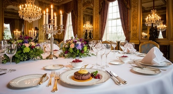 Una mesa de comedor elegantemente preparada en un palacio británico con vajilla fina, cubiertos de plata y una hamburguesa de ciervo con arándanos.