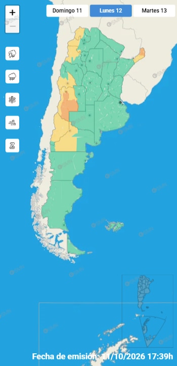 El mapa de alertas del SMN, emitido el 11 de octubre, marcó en naranja y amarillo a las provincias de Cuyo y Neuquén