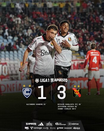 Dos futbolistas celebran en un campo. Gráfica con resultado Cienciano 1, FBC Melgar 3, y nombres de los goleadores. Patrocinadores visibles