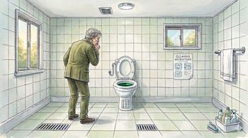 Ilustración de un hombre en un baño con azulejos mirando un inodoro con agua verde. Se ven dos ventanas, desagües en el suelo y productos de limpieza