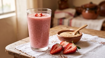 Un vaso de licuado rosado, fresas troceadas y un cuenco con amaranto sobre un mantel blanco bordado colocado en una mesa de madera.