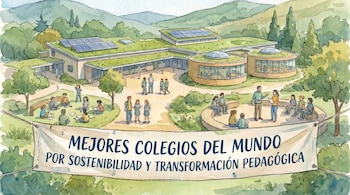 Acuarela de un colegio moderno con techos verdes, paneles solares, rodeado de naturaleza. Estudiantes y profesores interactúan. Un cartel largo es visible.