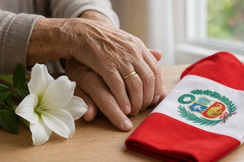 Dos manos arrugadas sobre una mesa de madera al lado de una flor blanca y una bandera del Perú doblada.