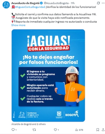 Nuevo llamado a la prevención con los falsos funcionarios públicos en Bogotá - crédito @AcueductoBogota/X
