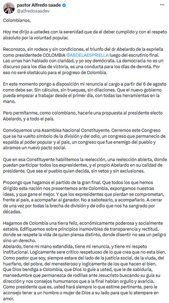Alfredo Saade reconoció el triunfo de Abelardo de la Espriella y propuso una Constituyente - crédito @alfredosaadev/X