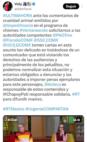 Una captura de pantalla de un tuit en fondo blanco con texto y hashtags. Abajo, una imagen de televisión con el texto EN VIVO, mostrando a dos personas sentadas