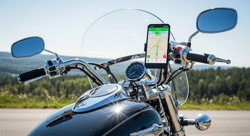 Primer plano de una motocicleta negra con cromados, con un teléfono móvil en un soporte del manillar, conectado a un puerto USB y mostrando un mapa GPS.