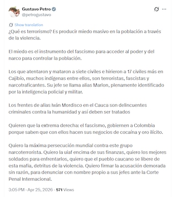 Según el presidente, los grupos armados ilegales tendrían interés en influir en el escenario político del país mediante la generación de भय y desestabilización - crédito@petrogustavo/X