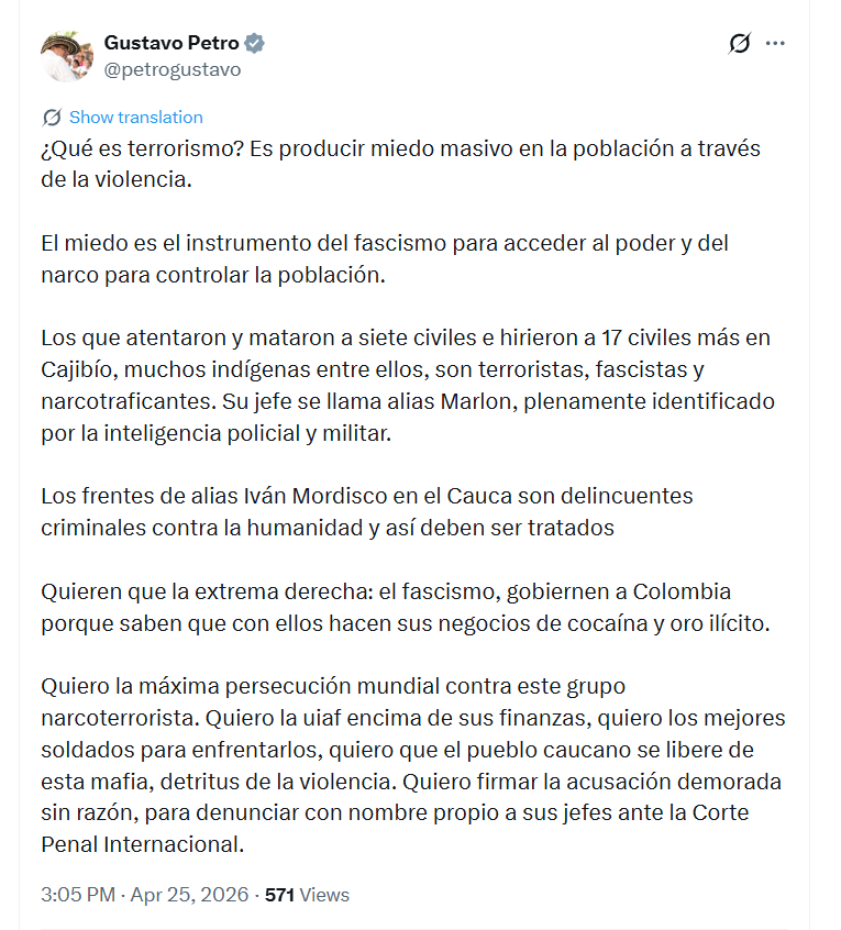 El presidente Petro atribuyó el ataque a disidencias y pidió intensificar la ofensiva contra estos grupos. - crédito @petrogustavo/X