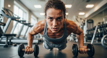 Mujer con ropa deportiva gris realiza flexiones sobre dos mancuernas negras. Su rostro sudado mira al frente. Fondo de gimnasio con máquinas de ejercicio.
