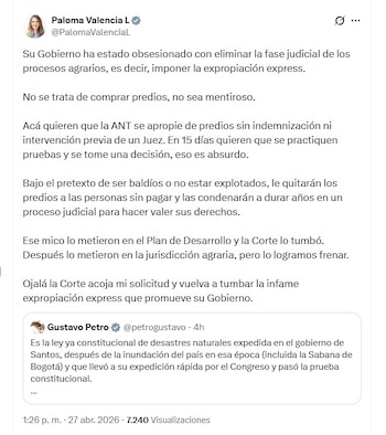 Paloma Valencia rechazó esa explicación y afirmó que el Ejecutivo intenta reducir controles judiciales en procesos agrarios - crédito @PalomaValenciaL/X