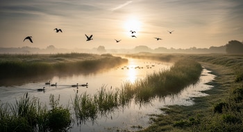 Amanecer sobre un río sinuoso con niebla. El sol brilla bajo, silueteando aves volando y otras nadando. La vegetación de las orillas está cubierta de rocío.