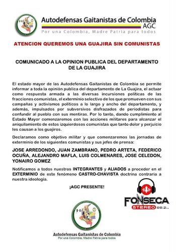 Este es el panfleto de las Autodefensas Gaitanistas de Colombia - crédito @lcolmenaresr/X
