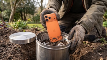 Persona con guantes sucios introduce un iPhone 17 Pro Mac naranja en un recipiente metálico abierto con tierra y papel. Tapa de metal en el suelo.
