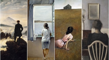 Cuatro obras pictóricas ordenadas de izquierda a derecha muestran personas vistas desde atrás contemplando su entorno.