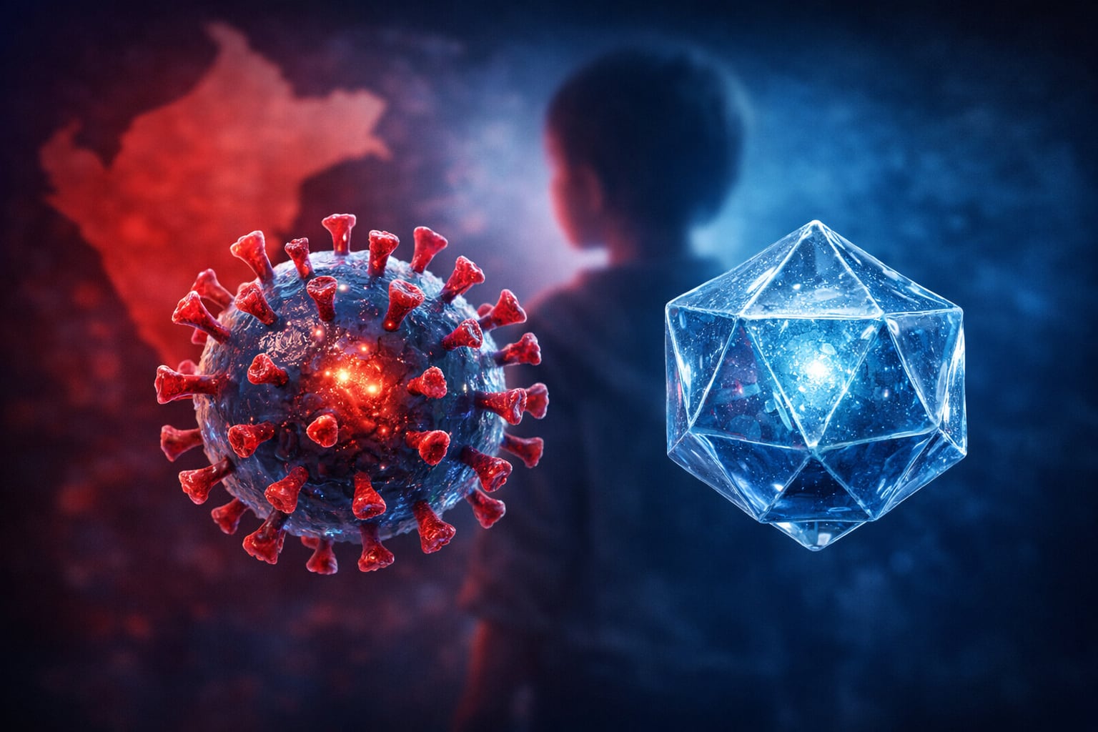 Una imagen conceptual editorial muestra dos partículas de virus translúcidas junto a un mapa borroso de Perú y la silueta de un niño, destacando la amenaza a la salud. (Imagen Ilustrativa Infobae)