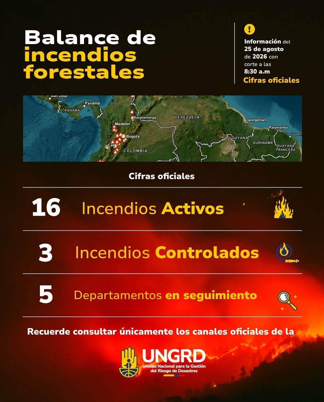 La Ungrd reportó 16 incendios activos en cinco departamentos - crédito @UNGRD/X