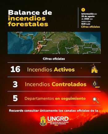 La Ungrd reportó 16 incendios activos en cinco departamentos - crédito @UNGRD/X