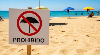 Un cartel blanco con un círculo rojo y una sombrilla negra tachada dice "PROHIBIDO" en una playa de arena dorada con el mar azul y bañistas al fondo.