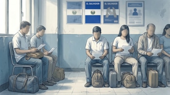 Ilustración de personas sentadas en un pasillo de oficina, leyendo documentos. Hay maletas en el suelo y carteles con banderas de El Salvador en la pared.