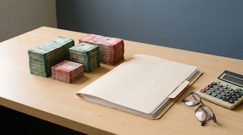 Un escritorio de madera clara con un expediente abierto, fajos de billetes de colones costarricenses, una calculadora y unas gafas.
