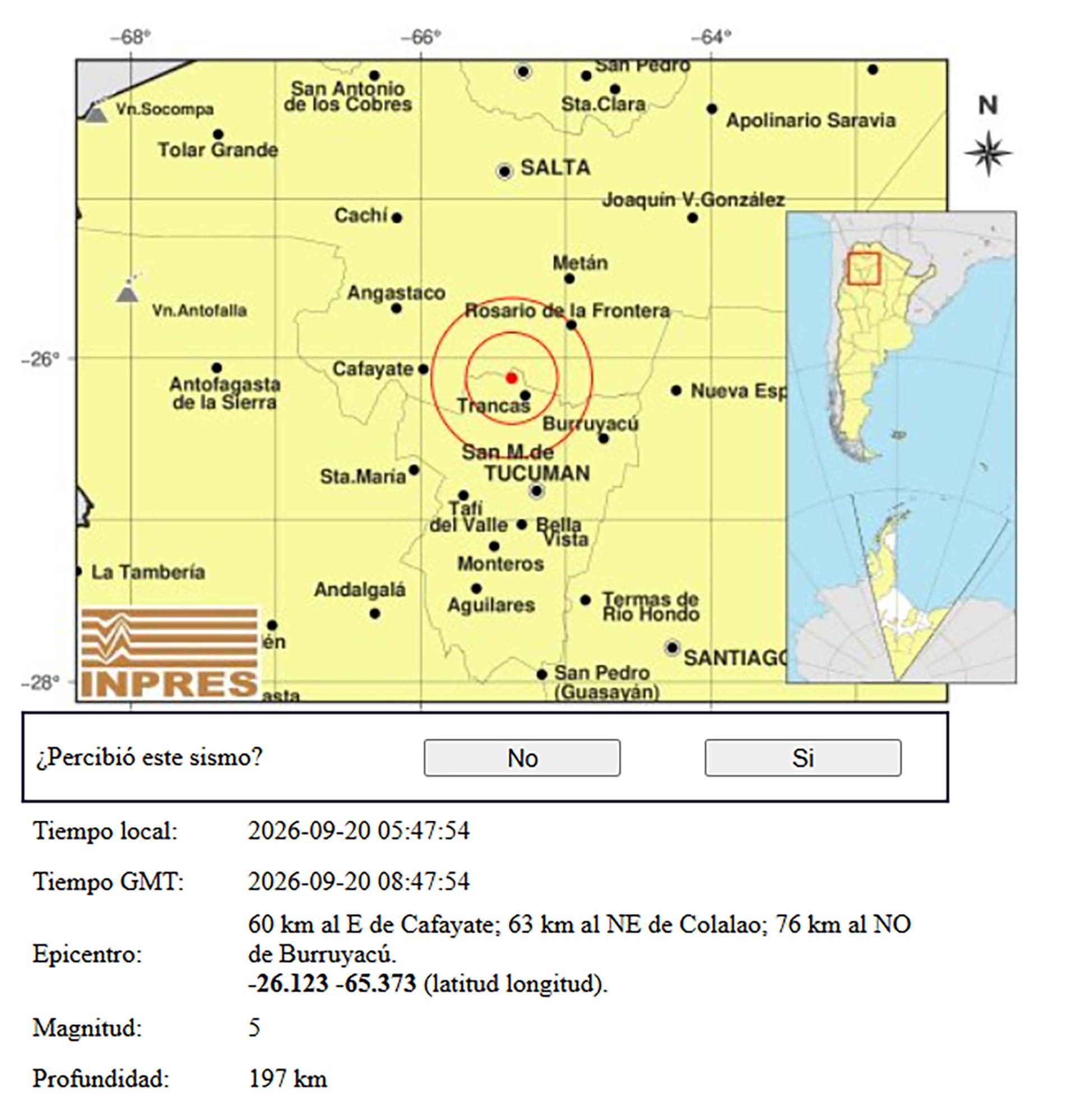 Los datos del Instituto Nacional de Prevención Sísmica sobre el sismo de categoría 5 cerca de Trancas, en la provincia de Tucumán