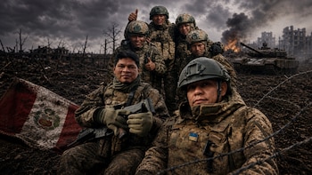 Seis hombres con uniformes militares y cascos posan en un paisaje bélico con una bandera peruana, alambre de púas, un tanque con la letra 'Z' y edificios destruidos