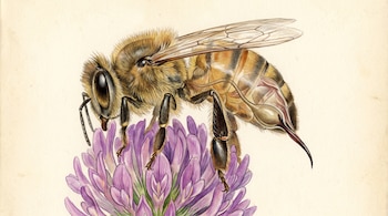 Ilustración de una abeja sobre una flor morada con el abdomen transparente donde se aprecian el aguijón y el saco de veneno.