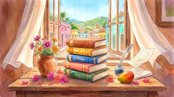 Pila de libros, mesa de madera, ventana abierta con cortinas, un jarrón con flores, un mango, tintero, pluma y papeles; afuera, casas de colores y palmeras.