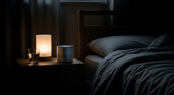 Una mesa de noche con una lámpara encendida, un vaso de agua y una máquina de sonido, junto a una cama con almohadas y sábanas oscuras.