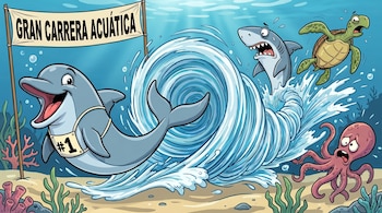 Ilustración de un delfín #1 sonriente creando un remolino de agua bajo el mar. Un tiburón, una tortuga y un pulpo reaccionan con sorpresa.