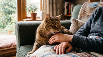 Un gato atigrado sobre un sofá verde lame la mano de una persona que viste un jersey oscuro.