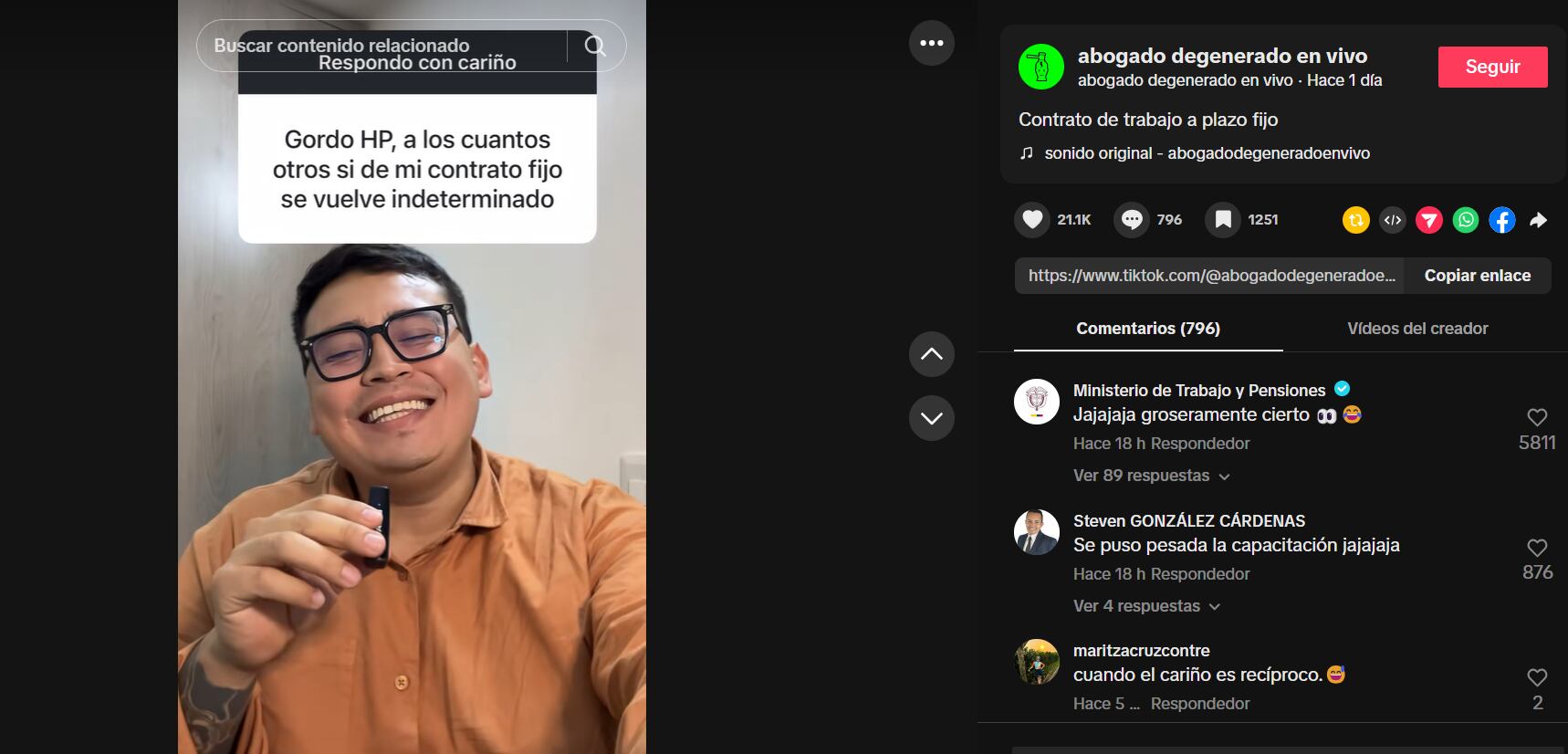 El video de un abogado que usa lenguaje fuerte para explicar temas jurídicos fue comentado por el Ministerio del Trabajo, generando múltiples reacciones - crédito @abogadodegeneradoenvivo/TikTok