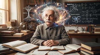 Retrato de Albert Einstein con cabello blanco sentado en un escritorio lleno de libros y papeles. Detrás, una pizarra con fórmulas y un efecto de galaxia con planetas y diagramas científicos.