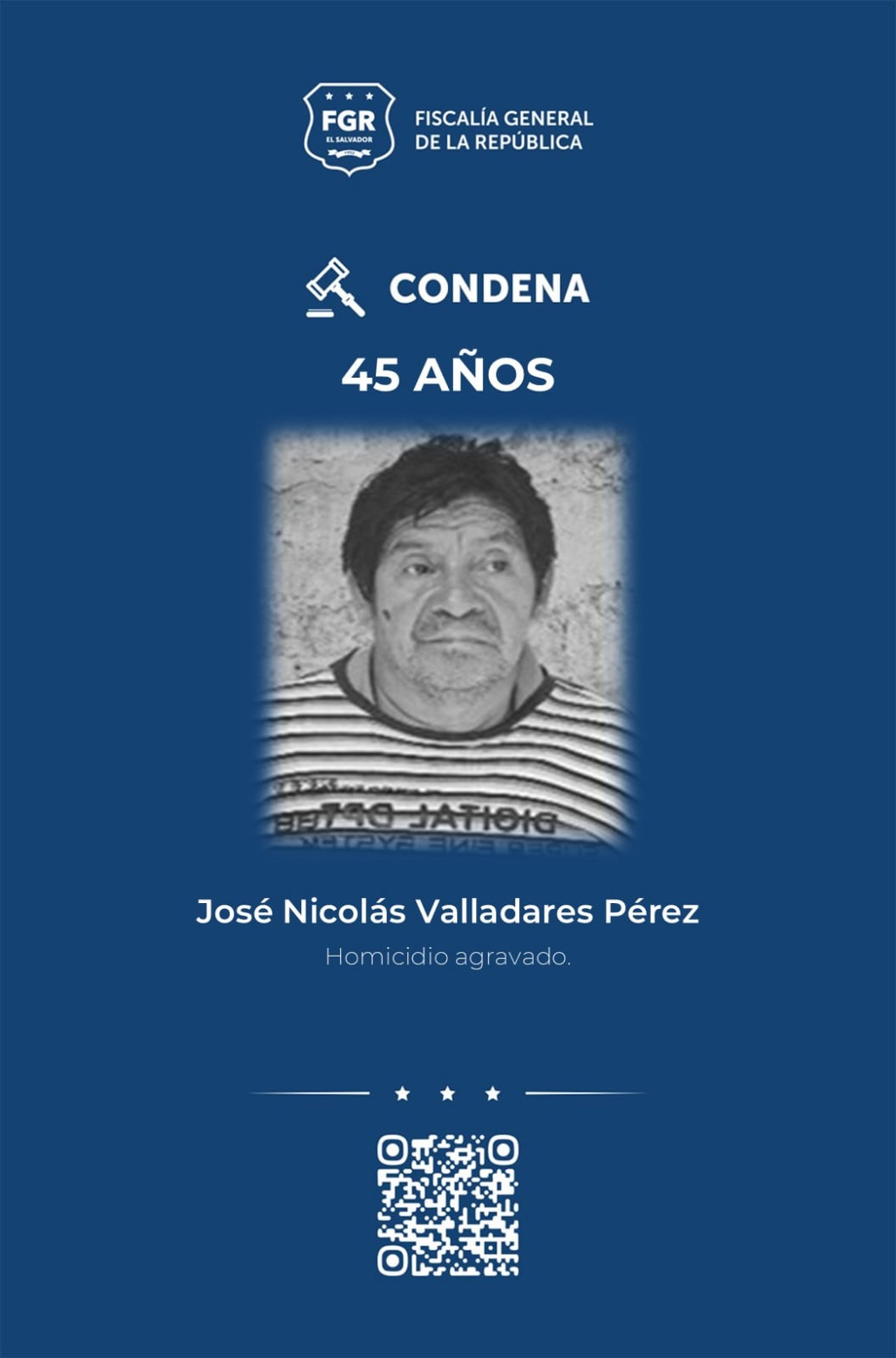 El Tribunal Segundo de Sentencia de Santa Tecla impuso 45 años de cárcel a José Nicolás Valladares Pérez por homicidio agravado. (Imagen: FGR)