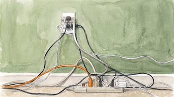 Un tomacorriente de pared y una regleta eléctrica en el suelo saturados de enchufes y cables enredados frente a una pared verde.