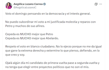 La congresista de Alianza Verde fijó su postura para la elección del 21 de junio en un mensaje en X - crédito @AngelicaLozanoC / X