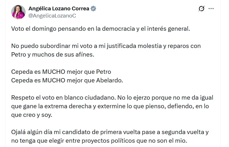 La congresista de Alianza Verde fijó su postura para la elección del 21 de junio en un mensaje en X - crédito @AngelicaLozanoC / X