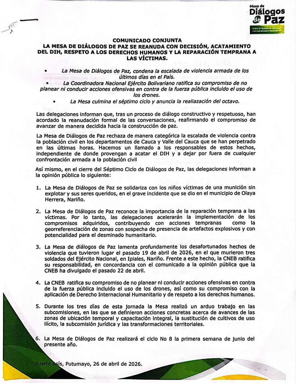La respuesta de la mesa de diálogos se conoció después de la reanudación de las negociaciones entre el Gobierno y la CNEB - crédito Consejería Comisionado de Paz