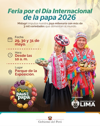 Dos personas con atuendos andinos tradicionales exhiben diversas variedades de papas. Afiche de la Feria Día Internacional de la Papa 2026 en Perú