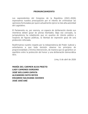 Comunicado de expresidentes del Congreso.